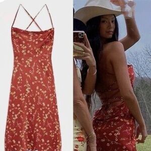 DANIELLE BERNSTEIN Redwood Daisies Floral Rust Satin Wrap Midi Dress